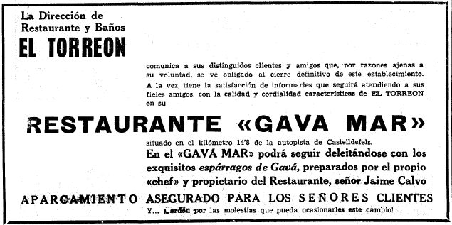 Anunci del tancament definitiu del primer Restaurant El Torre�n, el servei del qual es seguiria oferint al Restaurant Gavamar de Gav� Mar, publicat al diari LA VANGUARDIA (2 de Juny de 1966)